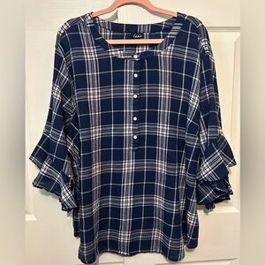Simply Emma Navy and light pink Plaid Blouse with Ruffle Sleeves 3x